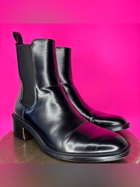 Zara Black Faux Leather Gold Heel Accent High Ankle Chelsea Boot EU 37